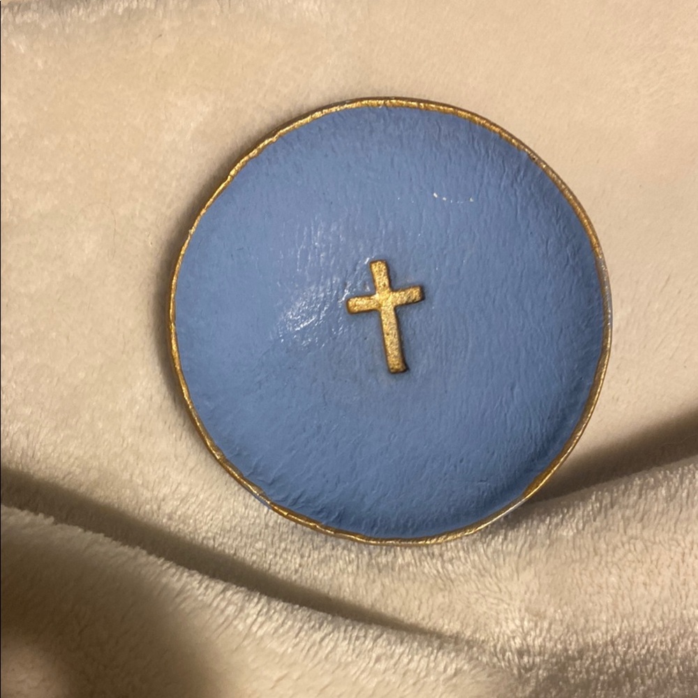 Handmade Blue & Gold Trinket Dish with Cross Accent